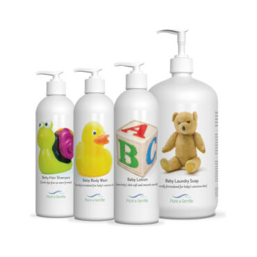 Baby Care Complete Package includes baby body shampoo, baby lotion, baby hair shampoo, and baby laundry soap concentrate with dispenser